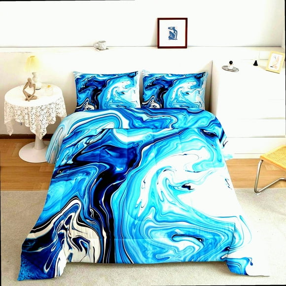 Blue Marble Comforter Set - Vintage Texture Bedding with Pillow Shams - Abstract Fluid Duvet Insert for Warm Sleep