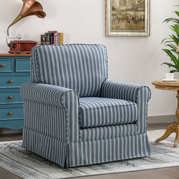 Bonzy Home 30" Wide Bohemian Cotton Blend Vertical Stripe Sloped Arm Swivel Accent Chairs for Adults, Blue