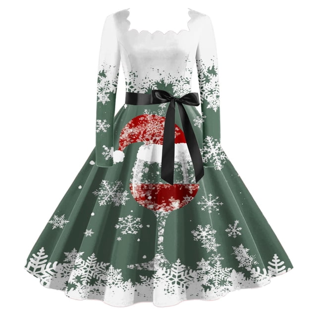 Wyzesi Robes de Soirée Noël Robe de Thé Classique pour Femmes Robe à Manches Longues avec Ceinture Robe Évasée Robes de Fête Pyjamas de Noël Costume