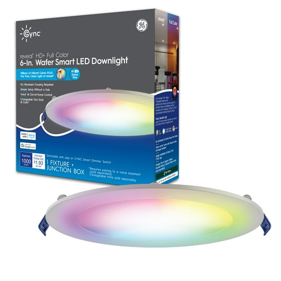 GE Cync Reveal HD Wafer Smart LED Downlight, Color Changing Wifi Lights, 6in, 16 Watts, 1pk