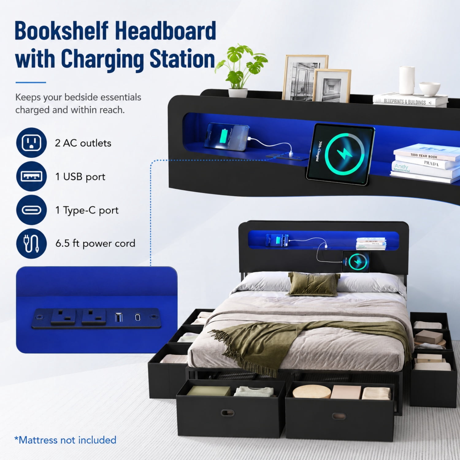Miniyam Queen Platform Bed Frame with 8 Storage Drawers, LED Lights, Bookshelf Headboard and Charging Station, Black
