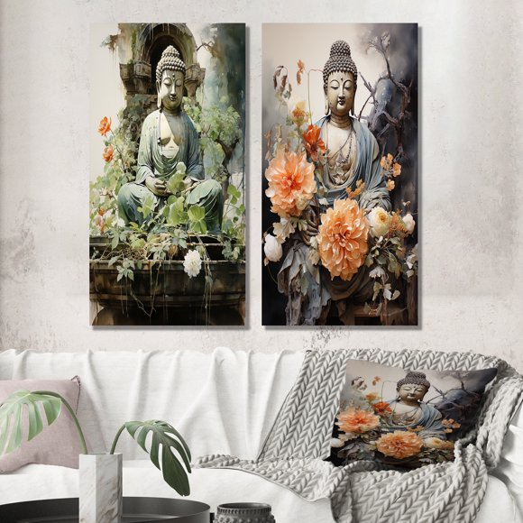 Designart "Green Buddhist Art Buddhas peaceful I" Buddhism Wall Art Set Of 2 - Green Spiritual Canvas Set For Living Room Decor