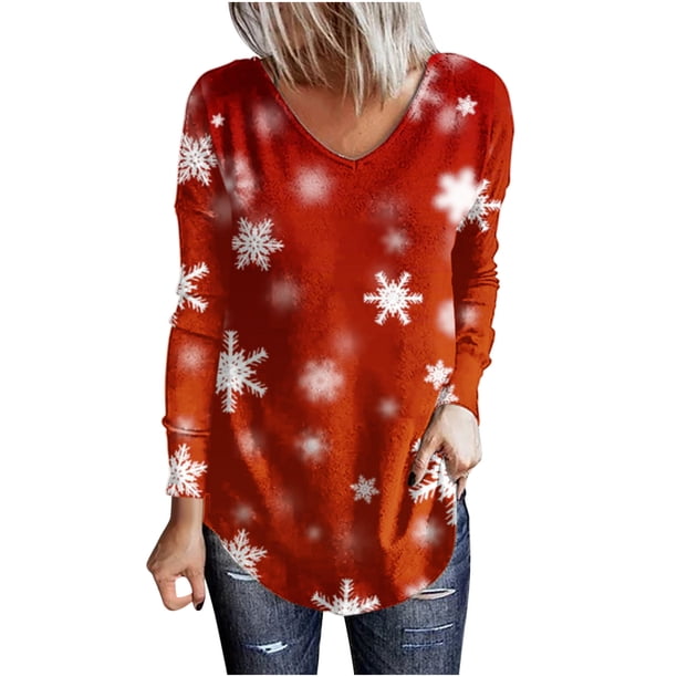Camiseta de manga larga con cuello en V suelta con estampado de copos de nieve de Navidad informal para mujer Top Fridja FKASFK3327