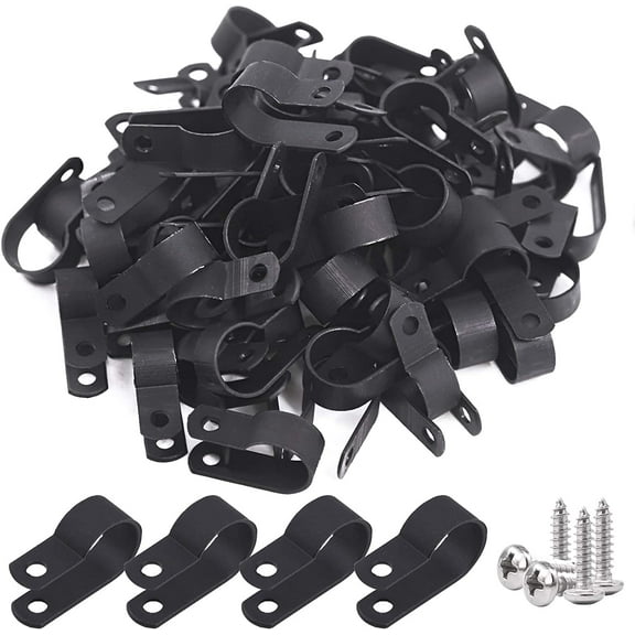 120Pcs 5/8 Inch Black Nylon Screw Mounting R-Type Cable Clip Wire Clamp with 120Pcs Screws for Wire, Cable, Conduit and Cable Conduit Kit (Black)