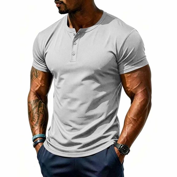 COSFO Workout Men's T Shirt Henley Casual Short Sleeve Shirts Summer Classic Fit Quick Dry Solid Pullover Tops