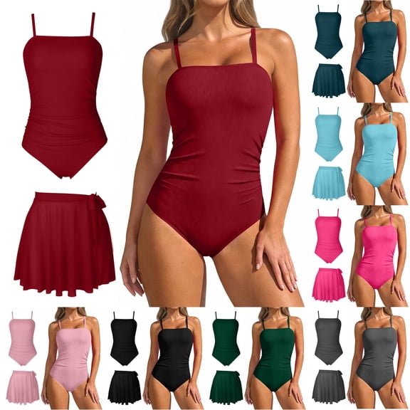 Erwazi One Piece Swimsuits Set for Women Solid Backless Square Neck Modest Beach Swimwear Bathing Suit