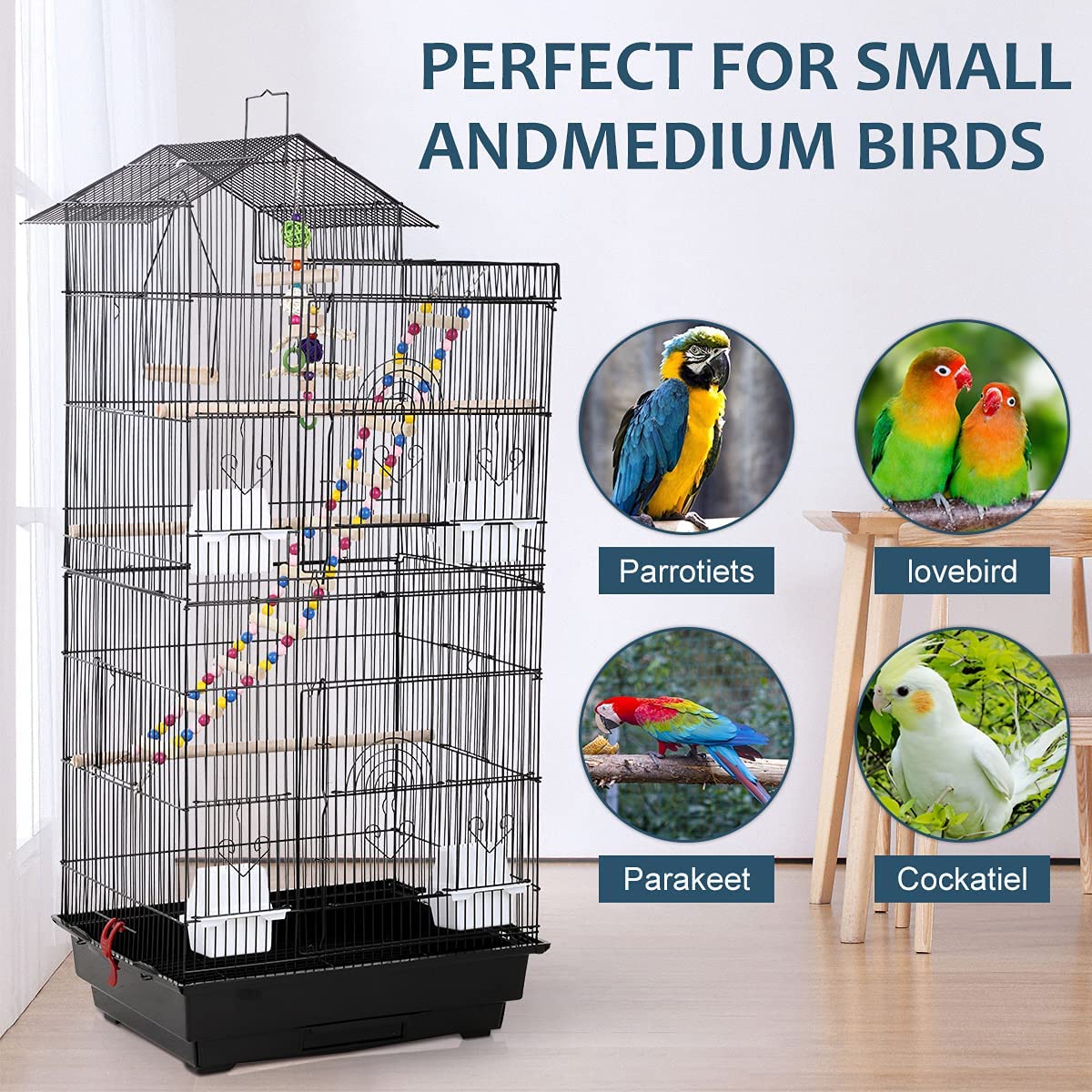 Dkeli 39"H Parrot Cage Metal Large Roof Top Bird Cage Double-Door Parakeet Cage with Ladder and Swing, Black