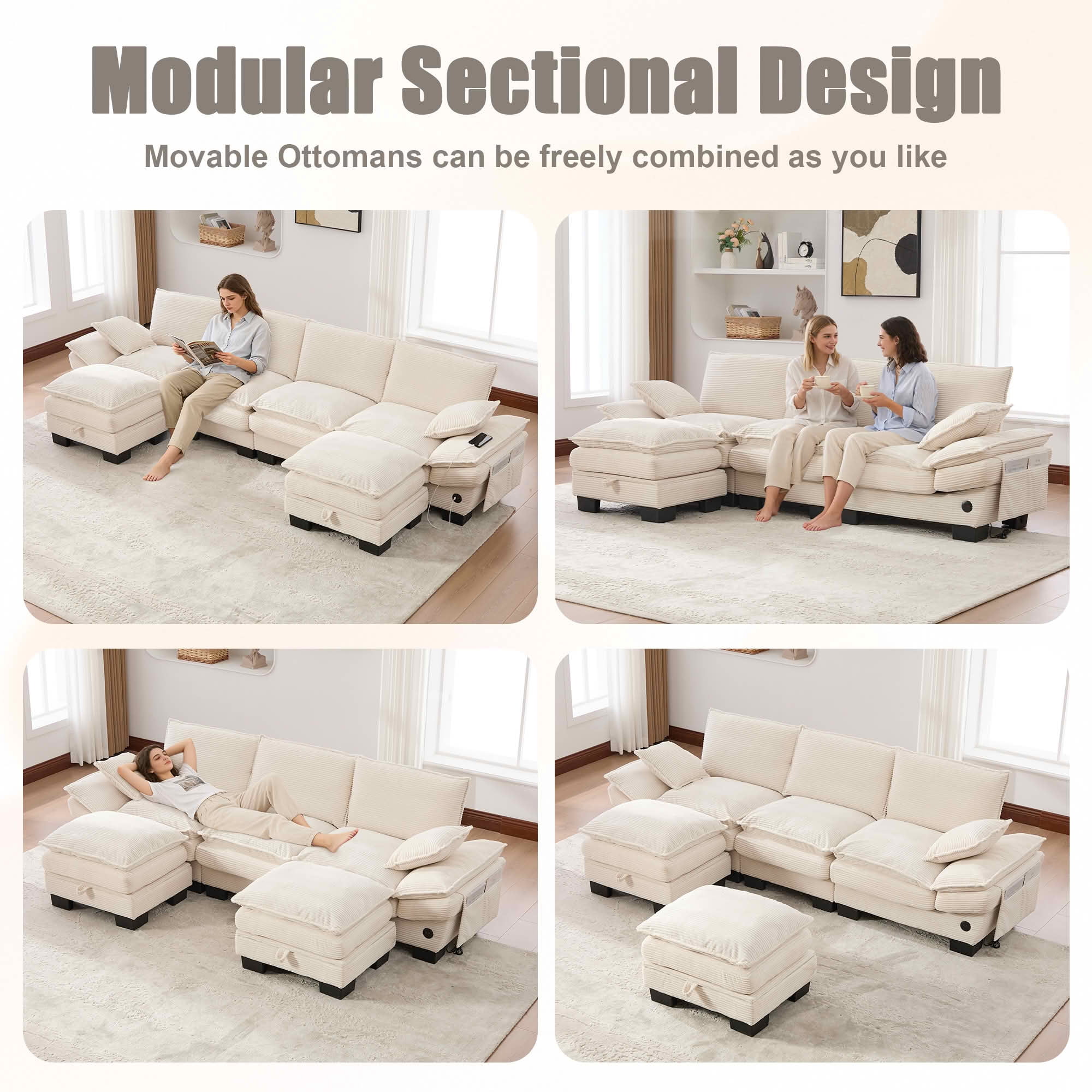 MAYEERTY Ottoman Footstool, Modular Cloud Sofa Footrest with Storage, Soft Corduroy, No Assembly, Beige