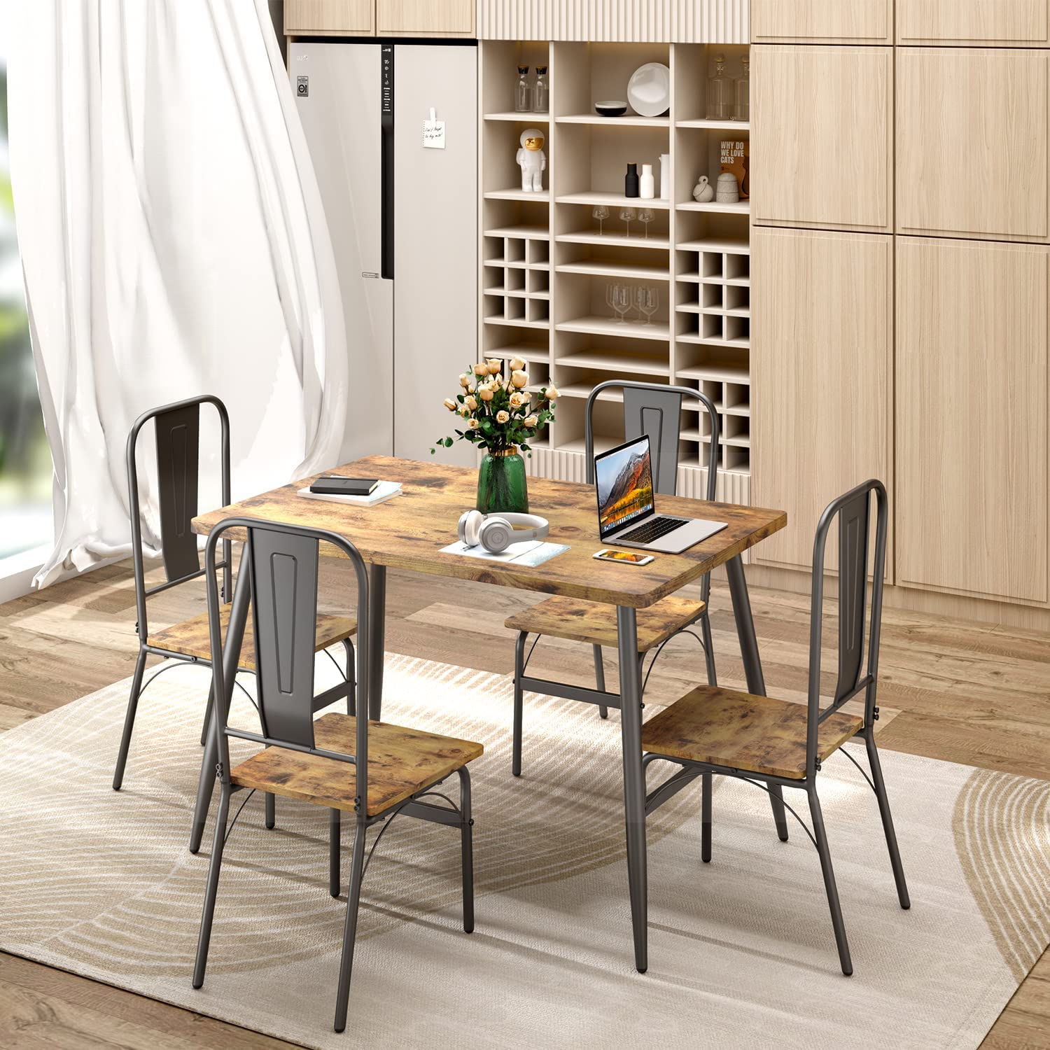 Lofka Dining Table Set for 4, 5 Piece Kitchen Table and Chairs Set for Small Spaces,Soft Seat,Modern Dining Furniture Set,Retro Brown