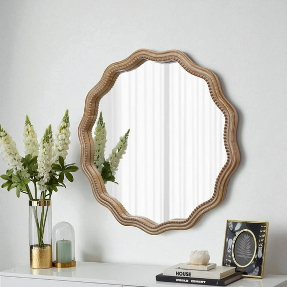 GZXS Wavy Round Wall Mirror, 23.62" Decorative Scalloped Wood Frame Circle Mirror for Bathroom, Living Room, or Entryway - Modern Farmhouse Wall Decor in Antique Natural Finish