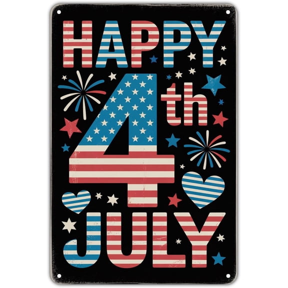 Happy 4th July Independence Day Patriotic Tin Sign 12 x 8 Inch Vintage Wall Decor