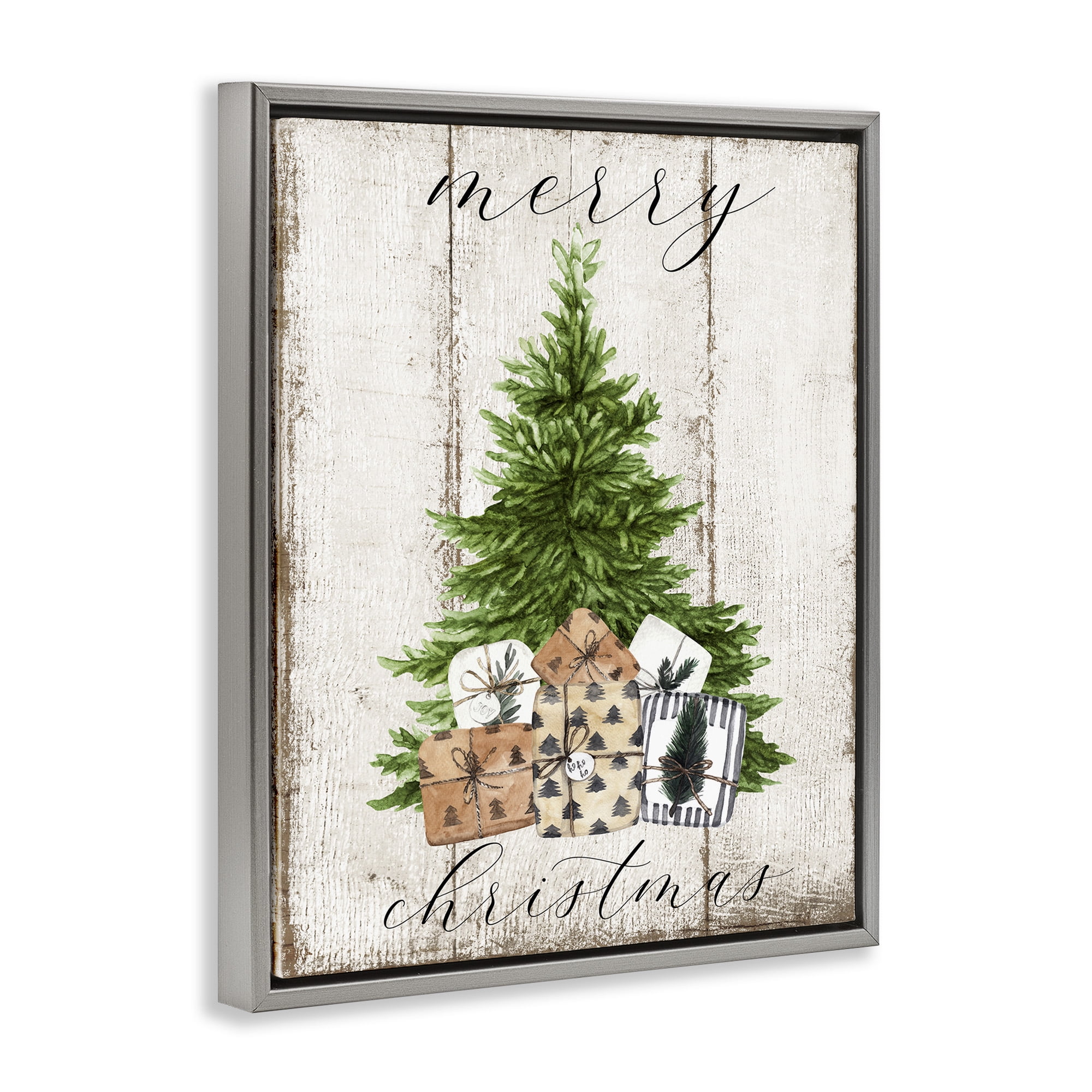 Stupell Industries Rustic Distressed Christmas Tree Holiday Painting Gray Floater Framed Canvas Art Print Wall Art, 25 x 31