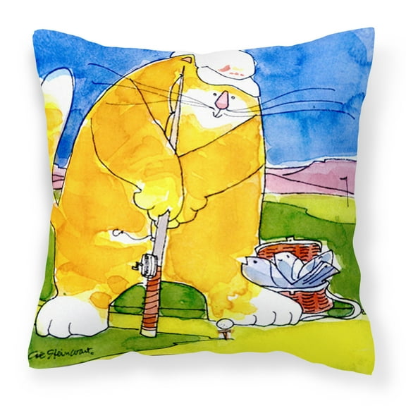 Carolines Treasures 6105PW1414 Big Cat golfing with a fishing pole  Decorative   Canvas Fabric Pillow 14Hx14W multicolor