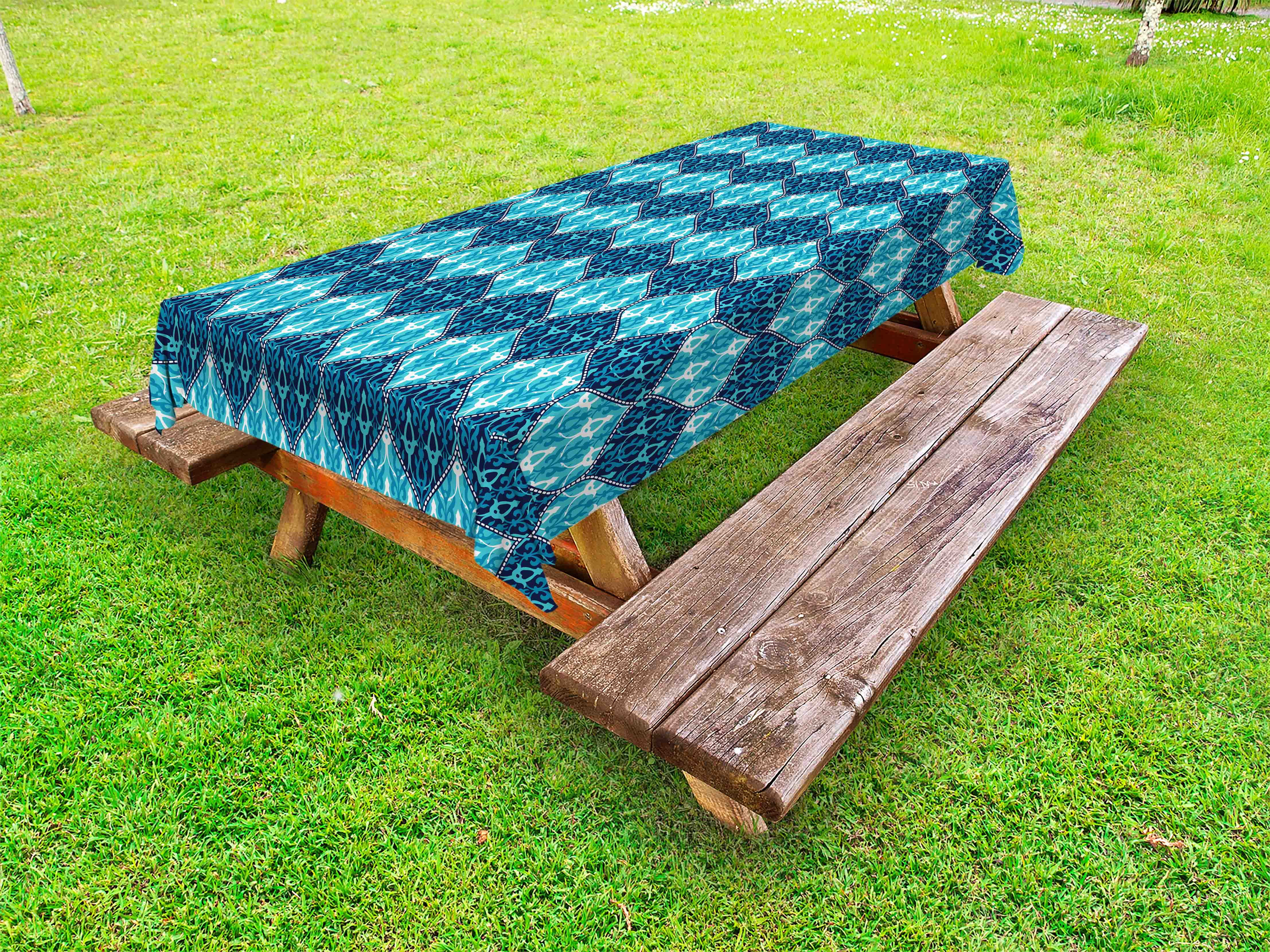 Navy Blue Outdoor Tablecloth, Horizontal Oriental Inspired Pattern in Patchwork Style Print