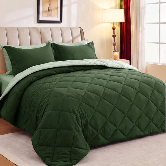 Sasttie 7 Pieces King Comforter Set, Reversible Bed in a Bag, All Season Bedding Set with Comforter, Flat Sheet, Fitted Sheet, Pillowcases & Shams, Dark Green & Light Green