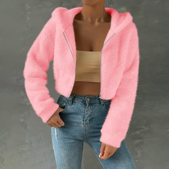 CQONEPT Cropped Hoodies for Womens Sherpa Fleece Sweatshirts Full Zip Solid Clothes Fluffy Casual Long Sleeve Shirts Pink S
