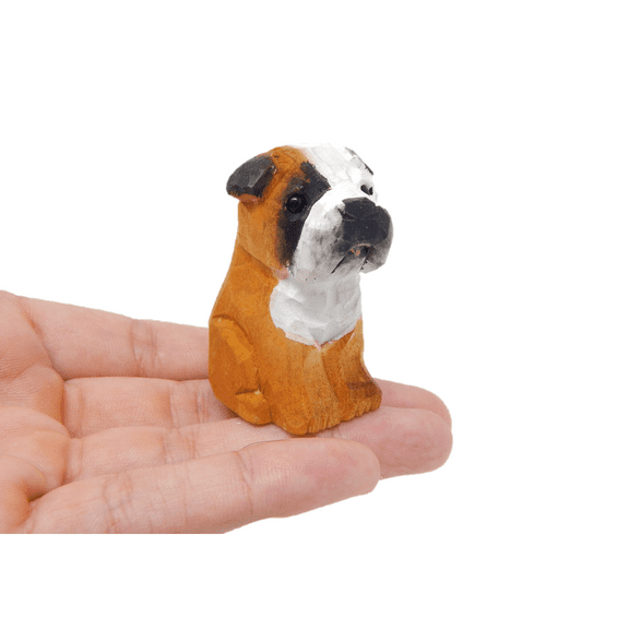 English Bulldog Dog Puppy Figurine - Miniature 2 Inch Wooden Carving Handmade Home Decor Small Animal Garden Statue Toy Pet Canine Hound