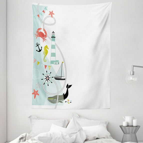 Nautical Tapestry, Ornate Border Design with Maritime Elements Animals Lighthouse Whale Anchor Wheel, Wall Hanging for Bedroom Living Room Dorm Decor, 60W X 80L Inches, Multicolor, by Ambesonne