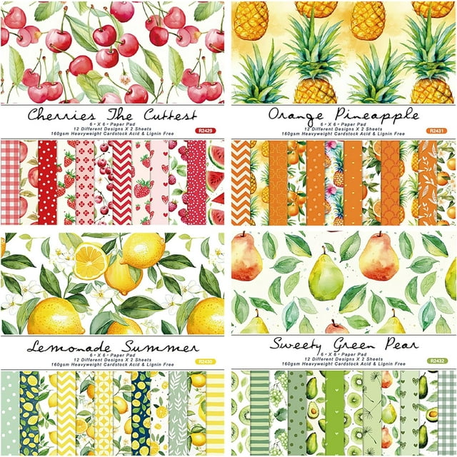 ZOUSSIQI 96 Sheets 6'' x 6'' Fruit Pattern Scrapbook Paper One Sided Cardstock for DIY Photo Album Card Making Decorative Paper (Set of 4) CA919-14873