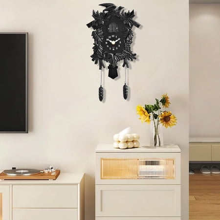 PLPPYFS Clock Alarm Swinging Wall Clock, Traditional Black Forest Handcrafted Clock for Wall Antique Decroration with Maple Leaf Pendulum, 12 Melodies, Night Sensor and Singing Bird