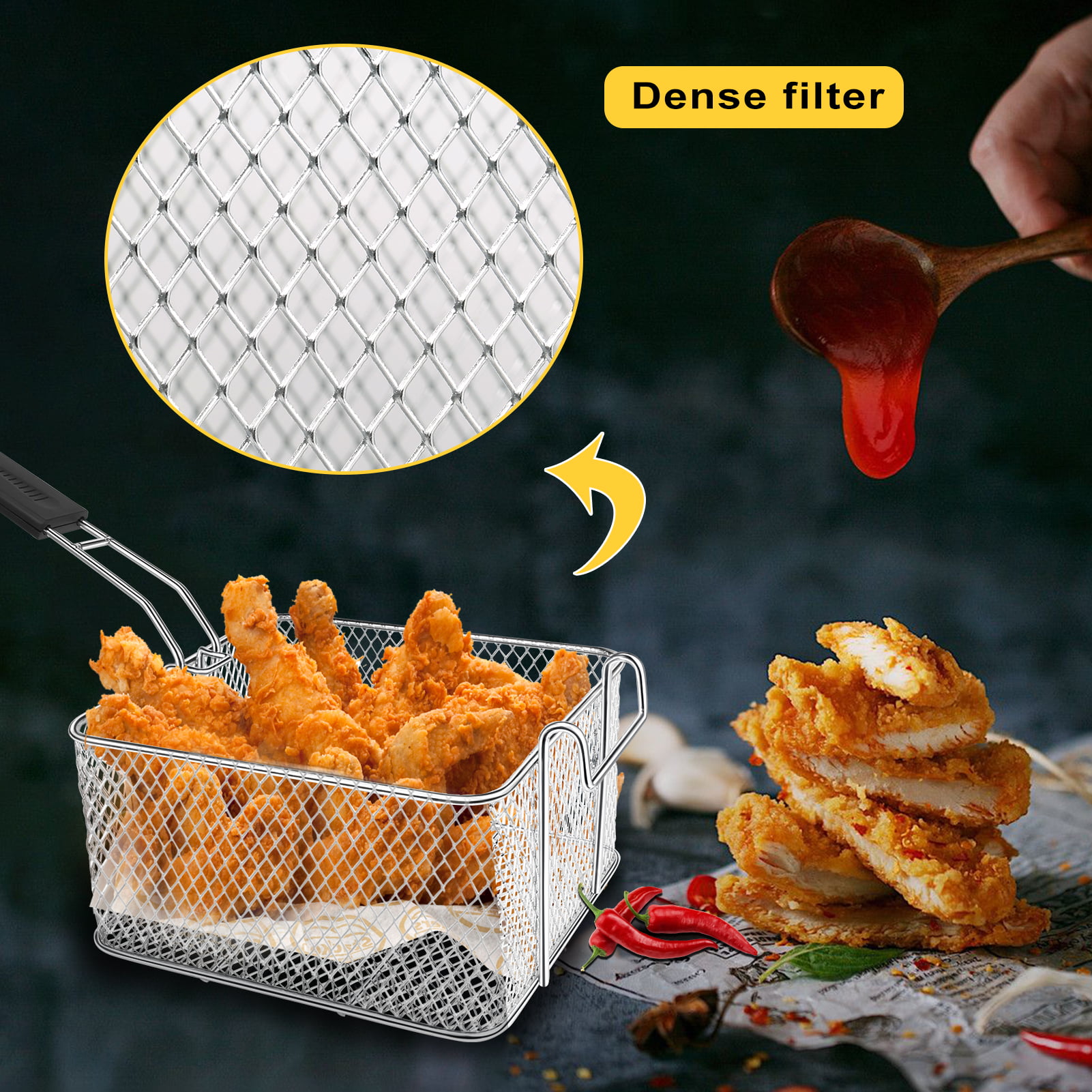 2pcs Basket Pot Fryer Fry Deep Frying Stainless Steel Fish Strainer Chips  Mesh Pasta Pan Wire Kitchen Deep Frying Pot With Strainer Basket Tong  Outdoor Frying Pot Stainless Steel Deep Frying Pot