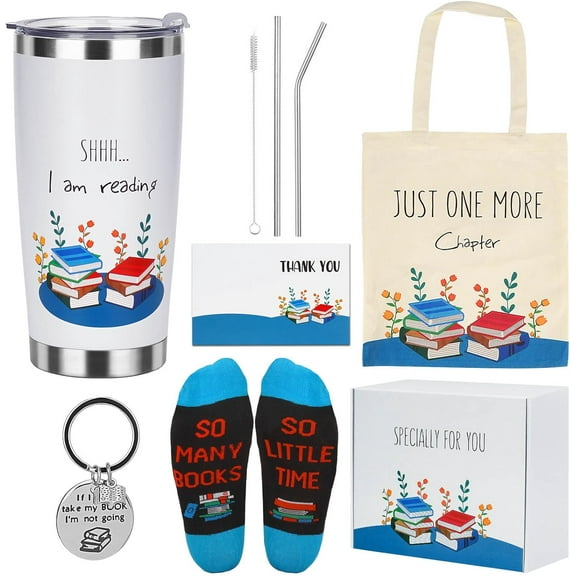 Book Lovers Gift Set, 8 PCS Readers Set With 20 oz Tumbler, Lid, Straw Brush, Canvas Tote Bag, Socks, Key Chain, Thanks Card, Gift Box - Book Accessories Reading Idea for Women Girl