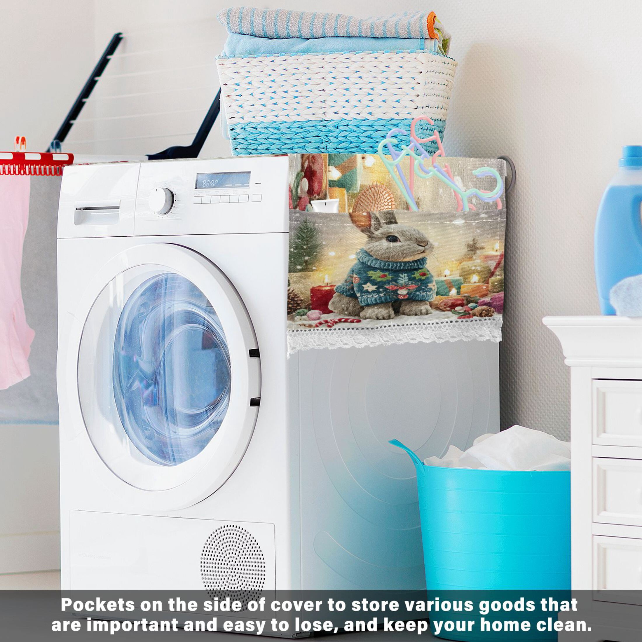 Wobogo Sweater Rabbit Washing Machine Cover Dustproof Washer Dryer Cover Waterproof Laundry Room Decorative Protector