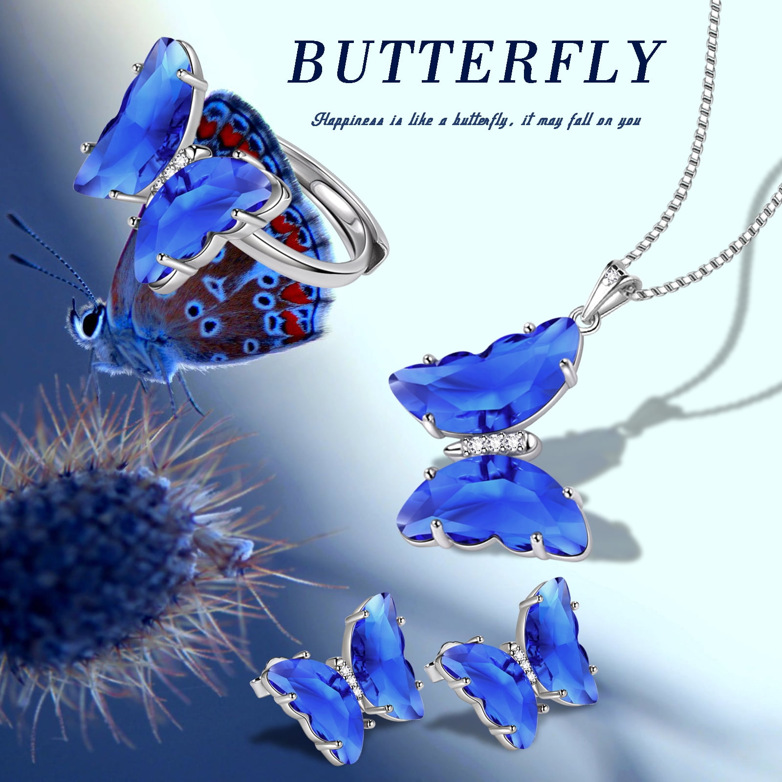 September Birthstone Jewelry Sets Earrings Necklace Ring, Blue Butterfly Jewelry Set Sapphire 925 Sterling Silver Women Birthday Mother's Day Gifts