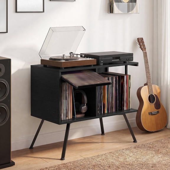 Flip Top Record Player Stand with Vinyl Storage for 150 Albums Vintage Turntable Stand Cabinet
