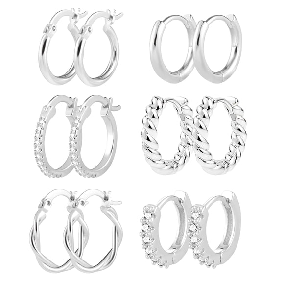 Pendientes de aro ALEXCRAFT de latón bañado en plata para mujer, 6 unidades