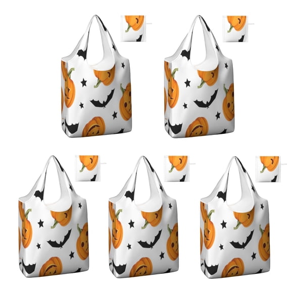 5 Pack Foldable Shopping Bag,Halloween Pumpkins Bats and Stars Reusable Grocery Bags with Pockets,Large Reusable Tote Bags with Handles Waterproof & Lightweight