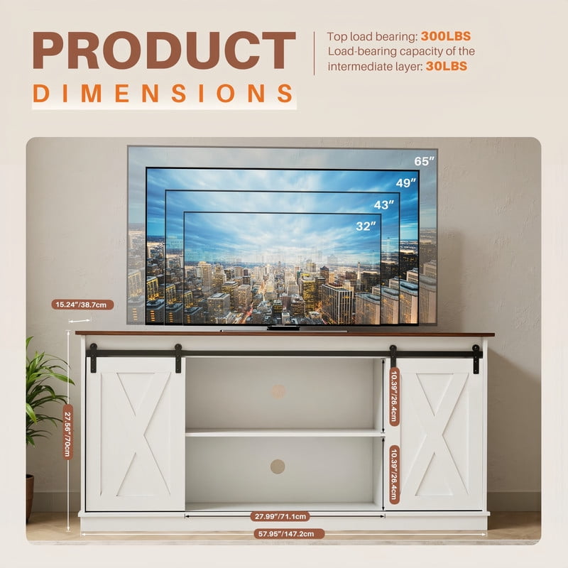 Kelno TV Stand for 65 Inch TV with Sliding Barn Doors Storage Shelves Farmhouse Entertainment Center Media Console Cabinet, White
