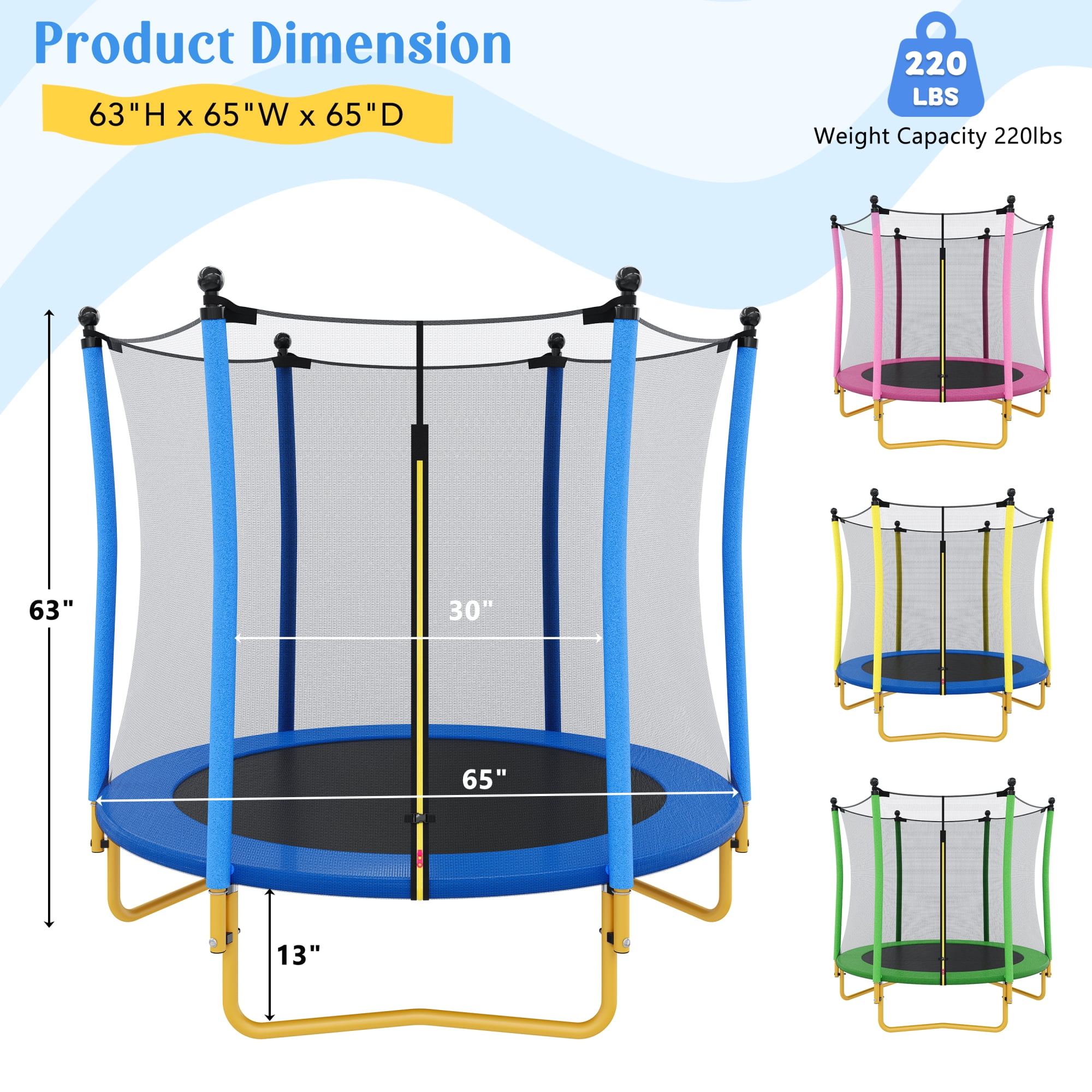 Arspjes 5.5 FT Trampoline for Kids,Indoor Outdoor Trampoline with Safety Enclosure Net,U-Shaped Stable Legs, Foam Padded Poles,Blue