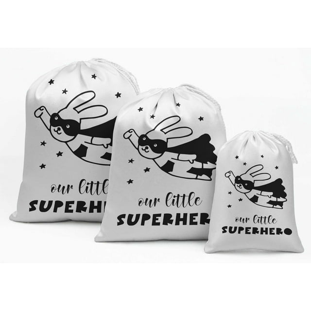 Darling Souvenir White Our Little Superhero Birthday Party Supplies Favor BagsDrawstring Pouches15 Pieces
