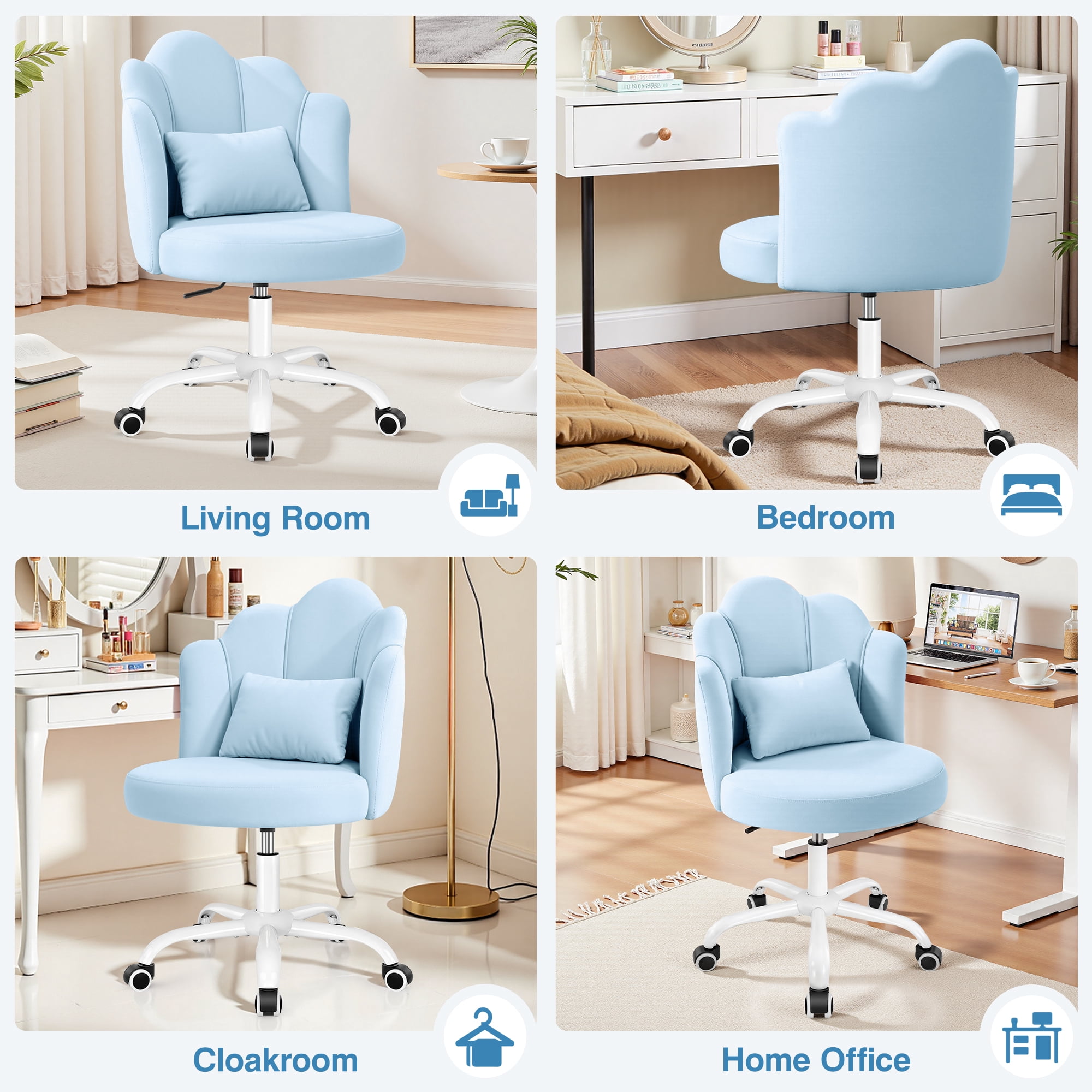 COOLHUT Vanity Chair, Velvet Petal Vanity Makeup Chair with Lumber Support, Home Office Desk Chair with Wheels, Height Adjustable Computer Work Chair for Bedroom, Living Room, Blue