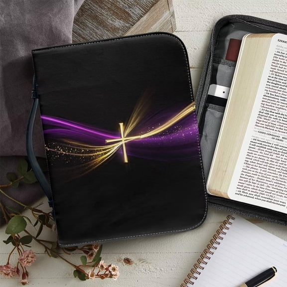 Personalized Pattern PU Leather Bible Bag Zipper Book Cover, Heavy Duty Protective Carrying Case Tote Organizer with Handle for Church and Study