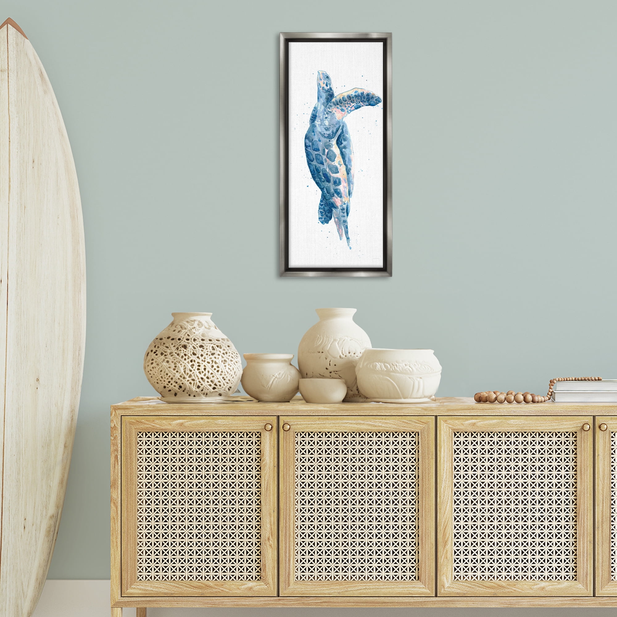 Stupell Industries Blue Turtle Swimming Animals & Insects Painting Gray Floater Framed Canvas Art Print Wall Art, 15 x 31