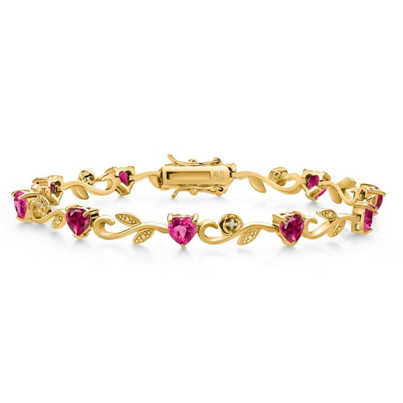 Gem Stone King 18K Yellow Gold Plated Silver Heart Shape Red Created Ruby Pink Created Sapphire and Round White Lab Grown Diamond Greek Vine Flower Tennis Bracelet for Women (6.04 Cttw, 7.5 inch)