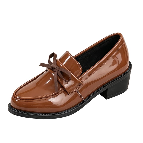 Busydd Womens Loafers Fashion Glossy Chunky Block Heel Dress Shoes Casual Comfortable Closed Toe Solid Color Slip On Shoes
