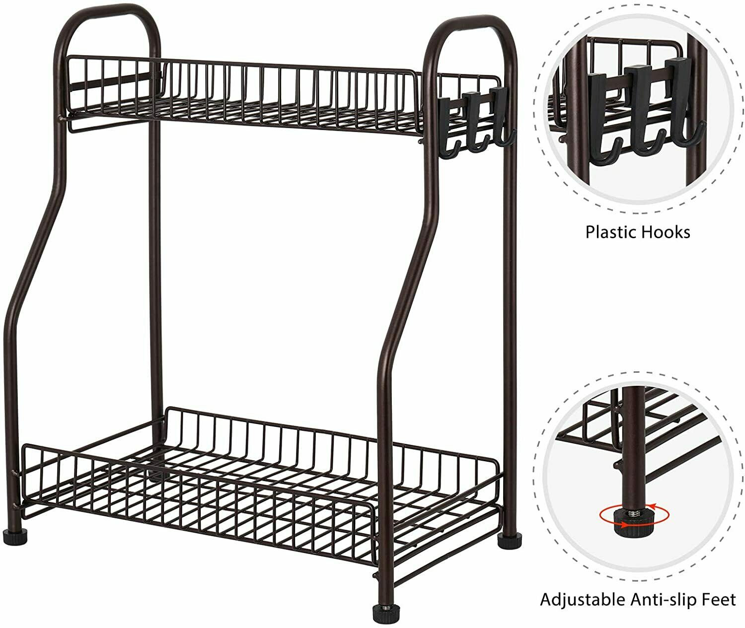 2 Tier Countertop Shelf Organizer with 3 Hooks Spice Rack Standing