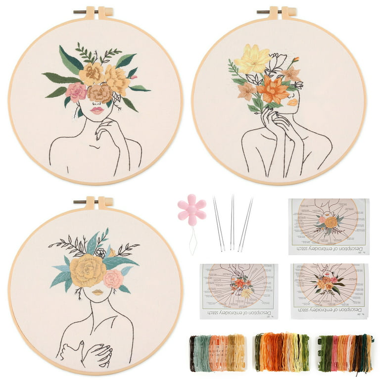 3 Set Beginner Embroidery Kit with Pattern and Needle Embroidery Starter Kit  for Adult Full Range of Stamped Cross Stitch Kit with Embroidery Cloth Hoop  Color Thread Needle Instruction Manual Threader 