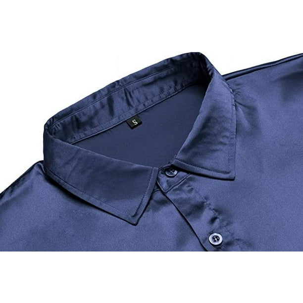 Mens Silk Shirts Long Sleeve-Luxury Shiny Silk Satin Party Dress Shirt Button Up Casual Muscle Fit for Men(Navy Blue,2XL)