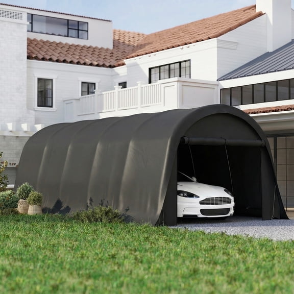 Outsunny 12' x 23.6' Heavy Duty Carport, Portable Garage Car Canopy Tent with UPF50 Sun Protection, Galvanized Frame, Large Door, Dark Gray