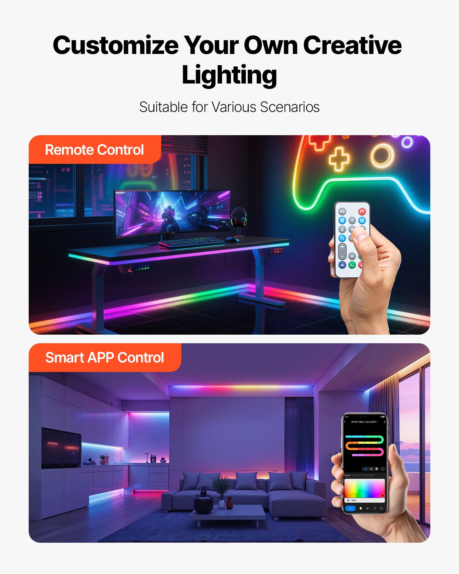 VEVOR LED Neon Rope Light, 16.4 ft, Flexible RGBIC LED Strip Light, Control with App/Remote, Works with Alexa & Google Assistant, Music Syncing, Custom DIY Neon Flex Lights, for Bedroom Gaming Indoor