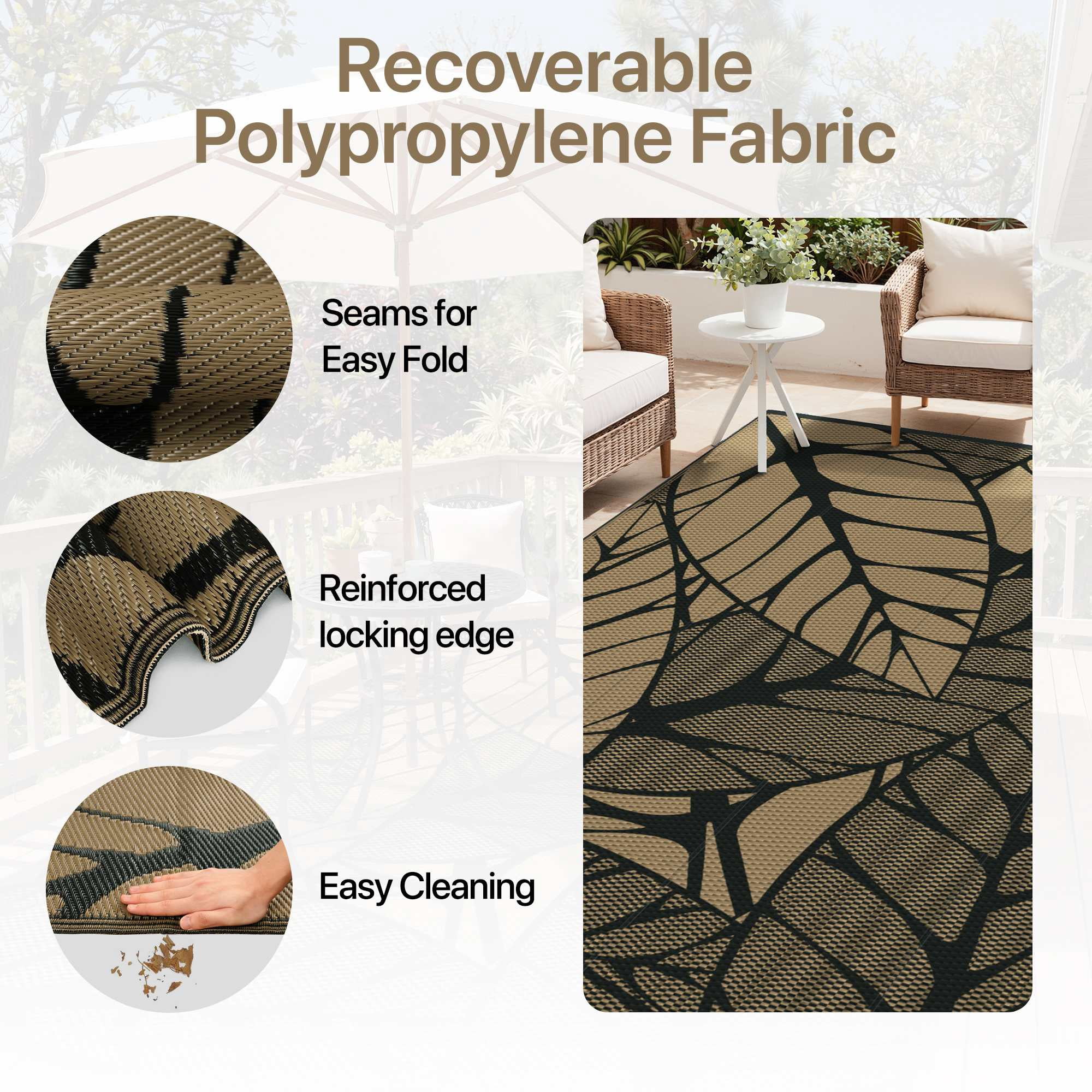 DEORAB 5'x8' Outdoor Rugs Waterproof Patio Reversible Plastic Straw Carpet Camping Outside Mat For Garden Balcony Camping Porch, Black & Brown