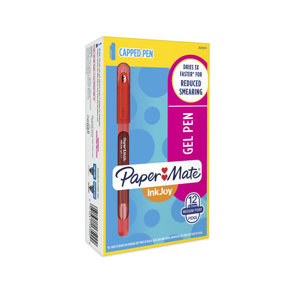 Paper Mate InkJoy Gel Pens, Medium Point (0.7mm), Red, Capped, 12 Count