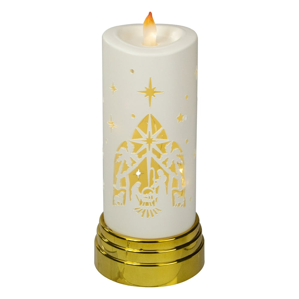 9" Gold and White Nativity Scene Flameless Candle