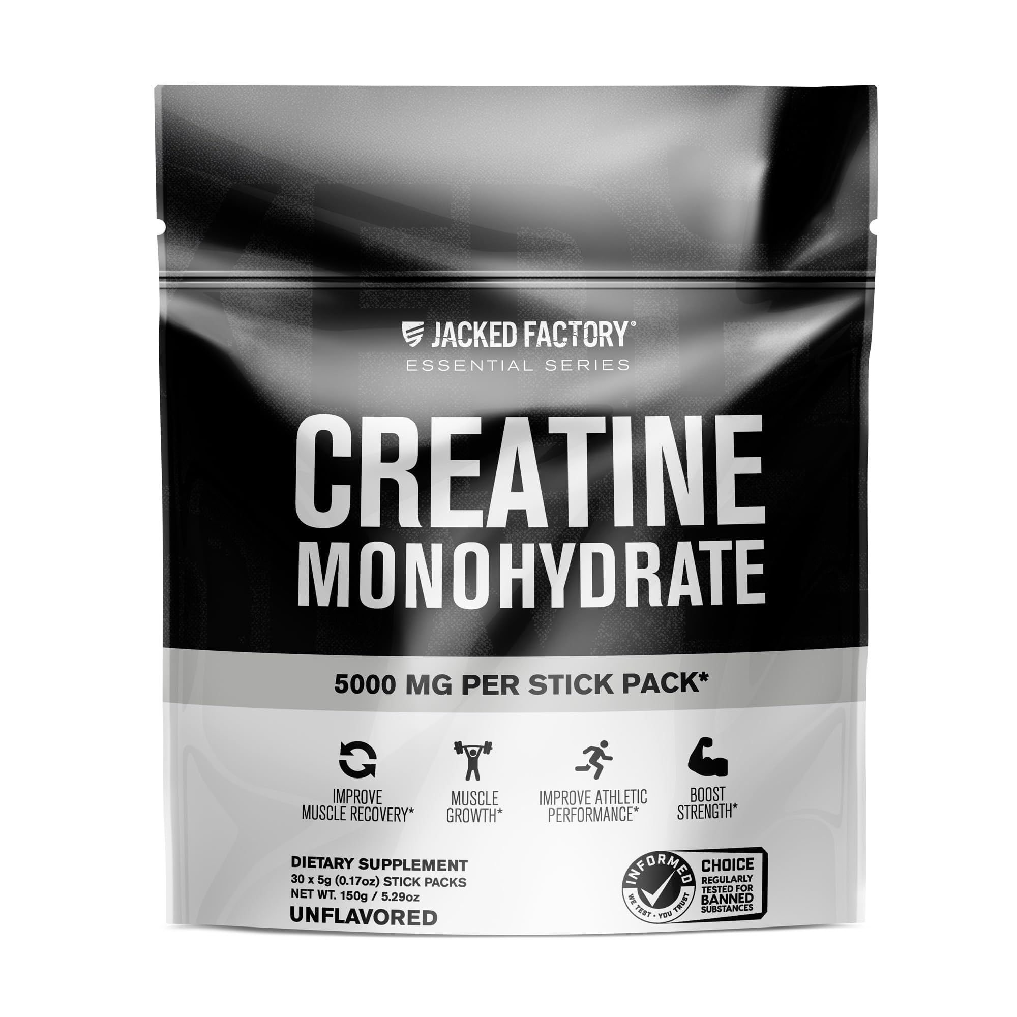 Jacked Factory Creatine Monohydrate Stick Packs 150g - 5g Daily Creatine Supplement for Men and Women, Vegan-Friendly, Third-Party Tested - 30 Servings, Unflavored