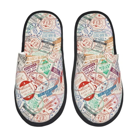 Balery Passport Stamp Slient Indoor Furry Fleece Comfort House Shoes Soft Non-Slip Home Shoes Cotton slippers House Slippers-- Large
