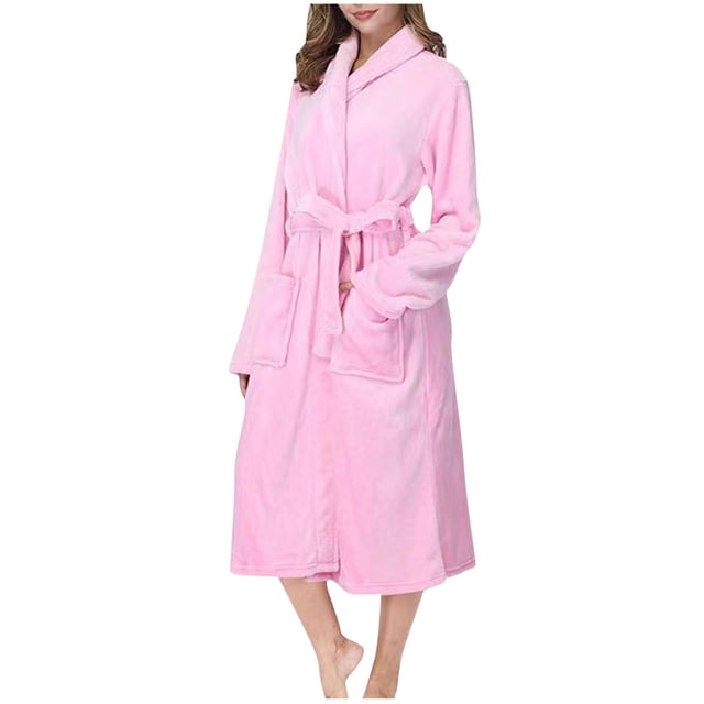 WRKEKC Womens Robe Winter Loose Plush Warm Thickened Solid Color Flannel Collared Pocketed Comfortable Long Bathrobe with Belt Womens Loungewear Robe